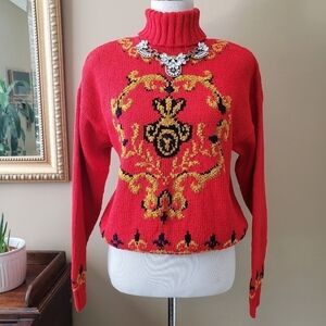 Vintage Liz Claiborne Red Gold Silk Cotton Ornate Regency Turtleneck Sweater M